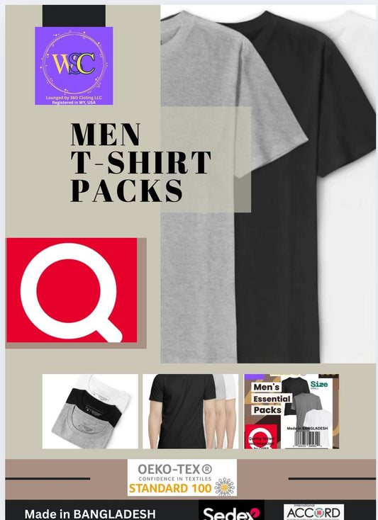 WSC Men’s Classic Crew Neck T-Shirt – 3 Pack | 100% Combed Cotton, Everyday Essential